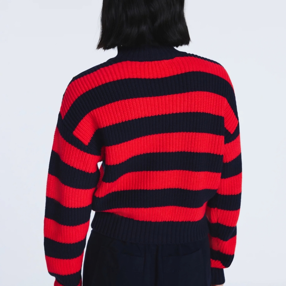 Free Assembly Mock Neck Sweater Red Navy Striped Button Shoulder Ribbed Size S - Picture 6 of 6